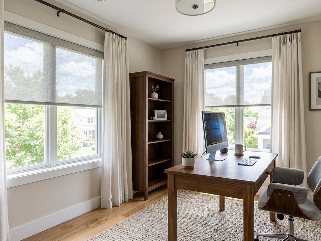 best window treatments for home offices - ventus roller shades with layered drapery treatments