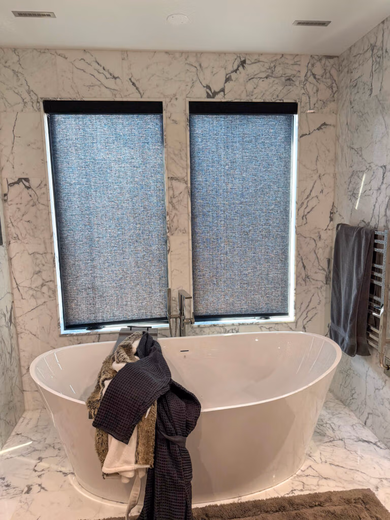 ProDesign Arcadia roller shades in Bondi Onyx - Primary Bath